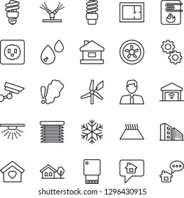 Thin Line Icon Set - house vector, with tree, plan, office building, estate agent, sweet home, socket, fan, irrigation, water heater, snowflake, gear, smoke detector, warm floor, energy saving bulb