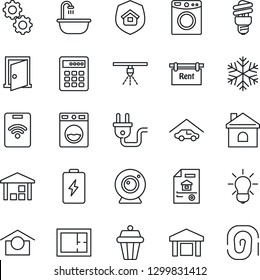 Thin Line Icon Set - house vector, warehouse storage, garage, plan, estate document, rent, bathroom, insurance, power plug, web camera, snowflake, gear, washer, bulb, energy saving, outdoor lamp