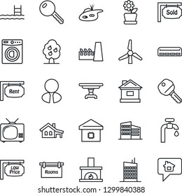 Thin Line Icon Set - house vector, with garage, pond, pool, windmill, water supply, fruit tree, rent, rooms, sold signboard, low price, office building, estate agent, key, table, washer, fireplace