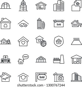 Thin Line Icon Set - house vector, greenhouse, hospital, warehouse storage, office building, with garage, tree, estate document, sold signboard, sweet home, crane, factory, insurance, eco, message