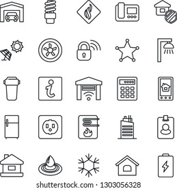 Thin Line Icon Set - house vector, garage, city, estate insurance, socket, fan, wireless lock, water heater, snowflake, intercome, home control app, filter, smoke detector, energy saving bulb, gate