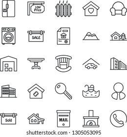 Thin Line Icon Set - house with garage vector, tree, pool, mailbox, mountains, warehouse, estate document, sale, sold signboard, low price, office building, agent, key, children room, table, washer