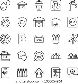 Thin Line Icon Set - house vector, greenhouse, warehouse storage, with tree, water supply, sale, estate search, sweet home, socket, fan, heater, radiator, bulb, outdoor lamp, garage gate control