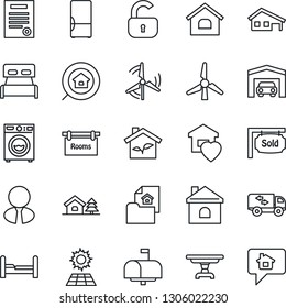 Thin Line Icon Set - house vector, contract, with garage, tree, sun panel, windmill, estate document, rooms, sold signboard, search, agent, lock, bedroom, table, washer, moving, sweet home, fridge