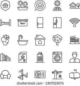 Thin Line Icon Set - house vector, real heart, with tree, sun panel, windmill, fruit, estate document, rent, office building, search, agent, bedroom, bathroom, washer, cushioned furniture, fridge