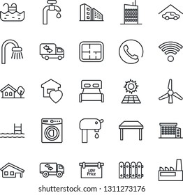 Thin Line Icon Set - house with garage vector, tree, pool, sun panel, windmill, water supply, fence, plan, low price signboard, office building, bedroom, table, bathroom, washer, moving, sweet home