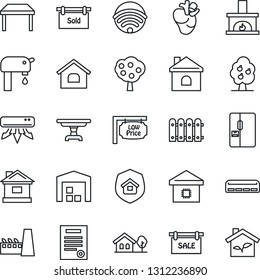 Thin Line Icon Set - house vector, real heart, contract, with tree, water supply, fruit, warehouse, fence, sale, sold signboard, low price, table, fireplace, air conditioner, fridge, wireless, eco