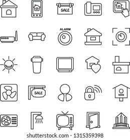 Thin Line Icon Set - house vector, fireplace, bird, tv, sale, estate agent, cushioned furniture, sweet home, fan, wireless lock, router, air conditioner, intercome, control app, water filter, door