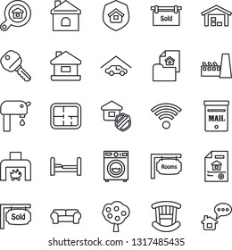 Thin Line Icon Set - house vector, mailbox, water supply, fruit tree, garage, warehouse, plan, estate document, rooms, sold signboard, search, key, bedroom, children room, washer, fireplace, factory