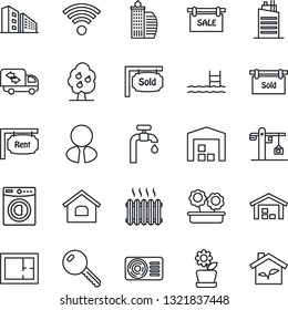 Thin Line Icon Set - house vector, pool, water supply, fruit tree, warehouse, plan, sale, rent, sold signboard, office building, estate agent, key, washer, moving, heater, air conditioner, wireless