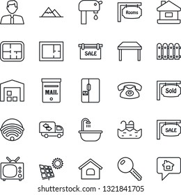 Thin Line Icon Set - house vector, pool, mailbox, sun panel, water supply, mountains, warehouse, fence, plan, sale, rooms, sold signboard, estate agent, key, table, bathroom, moving, fridge, tv