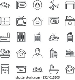 Thin Line Icon Set - house vector, contract, with garage, tree, pond, mailbox, windmill, plan, sale, sold signboard, low price, office building, estate agent, table, bathroom, sweet home, tv, city