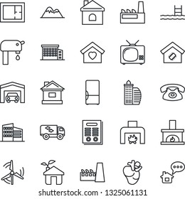 Thin Line Icon Set - house vector, real heart, contract, pool, windmill, water supply, mountains, garage, plan, office building, moving, sweet home, fireplace, fridge, tv, smart, phone, factory, eco