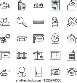 Thin Line Icon Set - house vector, with garage, tree, pond, pool, sun panel, fruit, fence, plan, estate document, rent, rooms, low price signboard, office building, client search, agent, key, washer