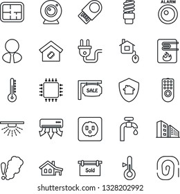 Thin Line Icon Set - house with garage vector, water supply, plan, sale, sold signboard, office building, estate agent, smart home, control, chip, socket, power plug, remote, heater, web camera