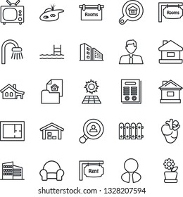 Thin Line Icon Set - house vector, real heart, contract, with garage, pond, pool, sun panel, warehouse, fence, plan, estate document, rent, rooms, office building, search, client, agent, bathroom