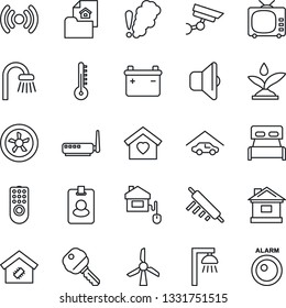 Thin Line Icon Set - house vector, tv, garage, estate document, key, bedroom, bathroom, sweet home, smart, rolling pin, control, fan, remote, irrigation, wireless, router, smoke detector, sound