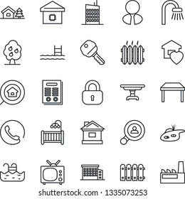 Thin Line Icon Set - house vector, contract, with tree, pond, pool, fruit, fence, office building, estate search, client, agent, key, lock, children room, table, bathroom, sweet home, heater, tv