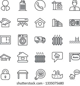 Thin Line Icon Set - house vector, with garage, pool, plan, rooms, office building, estate search, agent, lock, table, washer, moving, sweet home, heater, air conditioner, city, crane, phone, eco