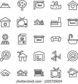 Thin Line Icon Set - house with tree vector, pool, sun panel, windmill, fruit, mountains, garage, warehouse, estate document, sale, rent, rooms, office building, search, client, bathroom, sweet home