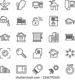 Thin Line Icon Set - house vector, office building, with garage, warehouse, plan, estate document, key, home control, eco, wireless lock, irrigation, water heater, snowflake, intercome, pc, jalousie