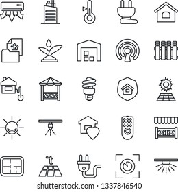 Thin Line Icon Set - house vector, sun panel, warehouse, plan, estate document, sweet home, city, insurance, alcove, control, power plug, remote, irrigation, wireless, air conditioner, thermometer
