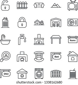 Thin Line Icon Set - house vector, with tree, water supply, mountains, garage, fence, sale, rent, rooms, client search, lock, children room, table, bathroom, washer, cushioned furniture, fireplace