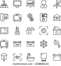 Thin Line Icon Set - house vector, bird, office phone, tv, monitor, plan, sale, rent, estate agent, bathroom, home control, wireless lock, water heater, snowflake, air conditioner, intercome, gear