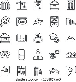 Thin Line Icon Set - house vector, pond, contract, with garage, tree, sun panel, mountains, plan, estate document, rent, office building, client search, agent, washer, heater, fridge, crane, phone