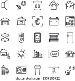 Thin Line Icon Set - house vector, warehouse storage, sale, office building, home control, eco, fingerprint, remote, snowflake, air conditioner, app, water filter, sound, jalousie, garage gate