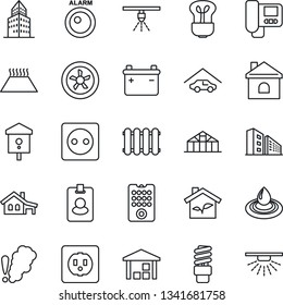 Thin Line Icon Set - house vector, greenhouse, bird, warehouse, office building, with garage, eco, socket, fan, remote control, intercome, water, smoke detector, radiator, warm floor, bulb, battery