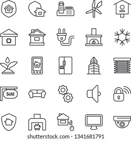 Thin Line Icon Set - house vector, bird, monitor, office building, phone, sold signboard, cushioned furniture, fireplace, fridge, smart home, estate insurance, control, power plug, wireless lock