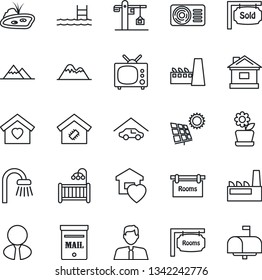 Thin Line Icon Set - house vector, pond, pool, mailbox, sun panel, mountains, garage, rooms, sold signboard, estate agent, children room, bathroom, sweet home, air conditioner, tv, smart, crane