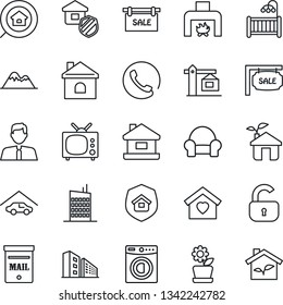 Thin Line Icon Set - house vector, mailbox, mountains, garage, sale, office building, estate search, agent, lock, children room, washer, cushioned furniture, sweet home, fireplace, tv, flower in pot