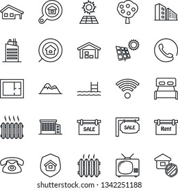 Thin Line Icon Set - house with garage vector, pool, sun panel, fruit tree, mountains, warehouse, plan, sale, rent, office building, estate search, bedroom, heater, tv, wireless, city, phone