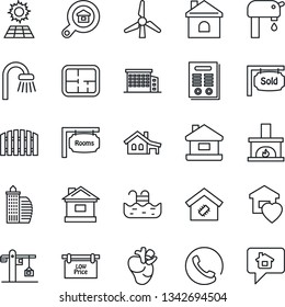 Thin Line Icon Set - house vector, real heart, contract, with garage, pool, sun panel, windmill, water supply, fence, plan, rooms, sold signboard, low price, office building, estate search, bathroom