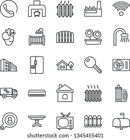 Thin Line Icon Set - house vector, real heart, with tree, fence, office building, client search, key, children room, table, bathroom, moving, fireplace, heater, air conditioner, fridge, tv, wireless
