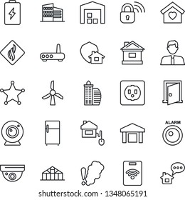 Thin Line Icon Set - house vector, greenhouse, warehouse, office building, estate agent, sweet home, control, socket, wireless lock, router, web camera, smoke detector, protect, police, fridge, door