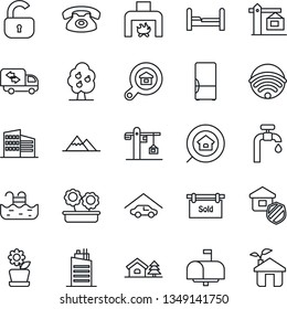 Thin Line Icon Set - house with tree vector, pool, water supply, fruit, mountains, garage, sold signboard, office building, estate search, lock, bedroom, moving, fireplace, fridge, wireless, city