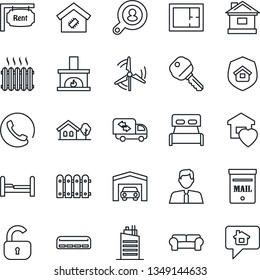 Thin Line Icon Set - house vector, with tree, mailbox, windmill, garage, fence, plan, rent, client search, estate agent, key, lock, bedroom, cushioned furniture, moving, sweet home, fireplace, smart