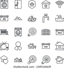 Thin Line Icon Set - house vector, with garage, tree, pond, pool, water supply, mountains, fence, sale, sold signboard, low price, office building, estate search, client, agent, washer, sweet home