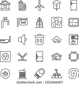 Thin Line Icon Set - house vector, bird, office building, water supply, garage, warehouse, plan, sold signboard, city, estate insurance, chip, socket, fan, irrigation, heater, router, warm floor