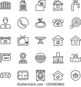 Thin Line Icon Set - house vector, pond, pool, sun panel, water supply, fence, plan, estate document, sale, low price signboard, client search, agent, table, washer, cushioned furniture, sweet home
