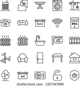 Thin Line Icon Set - house vector, mailbox, windmill, fruit tree, fence, estate document, rooms, sold signboard, low price, lock, table, bathroom, washer, cushioned furniture, heater, fridge, city