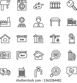 Thin Line Icon Set - house vector, pond, sun panel, water supply, fence, rent, sold signboard, office building, estate search, client, agent, key, table, washer, moving, air conditioner, city, crane