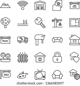 Thin Line Icon Set - house vector, pond, pool, water supply, fruit tree, mountains, garage, plan, estate document, sale, rooms, low price signboard, key, lock, cushioned furniture, moving, heater