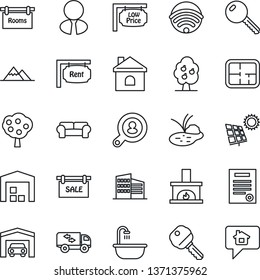 Thin Line Icon Set - house vector, pond, contract, sun panel, fruit tree, mountains, garage, warehouse, plan, sale, rent, rooms, low price signboard, office building, client search, estate agent