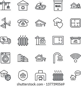 Thin Line Icon Set - house with garage vector, tree, pond, mailbox, windmill, plan, low price signboard, office building, bathroom, washer, moving, sweet home, fireplace, heater, wireless, smart