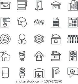 Thin Line Icon Set - house vector, warehouse storage, office building, with tree, sale, estate search, agent, sweet home, city, eco, remote control, water heater, snowflake, radiator, outdoor lamp