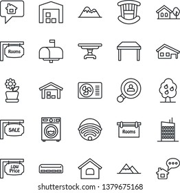 Thin Line Icon Set - house vector, with garage, tree, fruit, mountains, warehouse, sale, rooms, low price signboard, client search, children room, table, washer, air conditioner, wireless, city